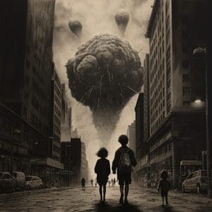 Children are walking on a street between skyscrapers. in the background an explosion can be seen. The image was generated with AI to illustrate the attacks in Israel and Ukraine.