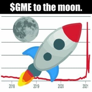 Mit der Gamestop-Rakete hoch hinaus. “GME to the moon” ist ein beliebter Kommentar im “Wallstreetbets”-Subreddit. Grafik: Billy Contreras/contrerasidentity