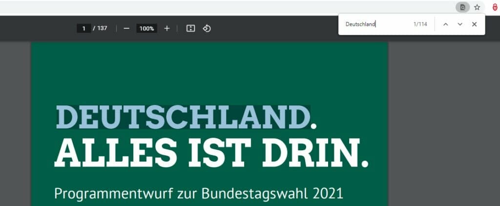 Screenshot, der die Vorschau des Wahlprogramms der Grünen zeigt mit der Wortsuche "Deutschland", die 114 Resultate angibt.