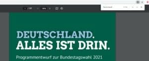 Screenshot, der die Vorschau des Wahlprogramms der Grünen zeigt mit der Wortsuche 