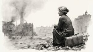 A woman sits on the ground looking at the ruins.