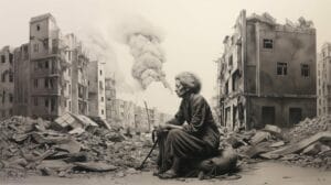 A black and white drawing of a woman sitting in front of rubble.