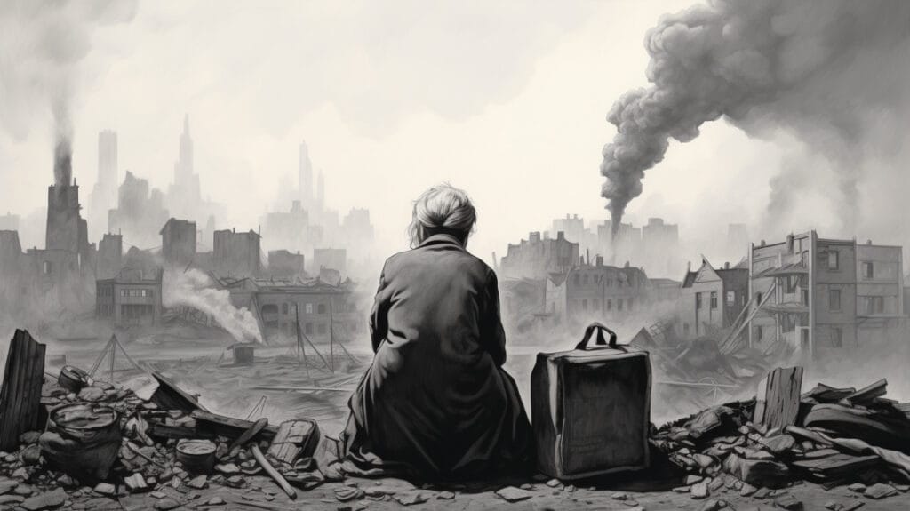An image of a man looking at a city with smoke coming out of it.
