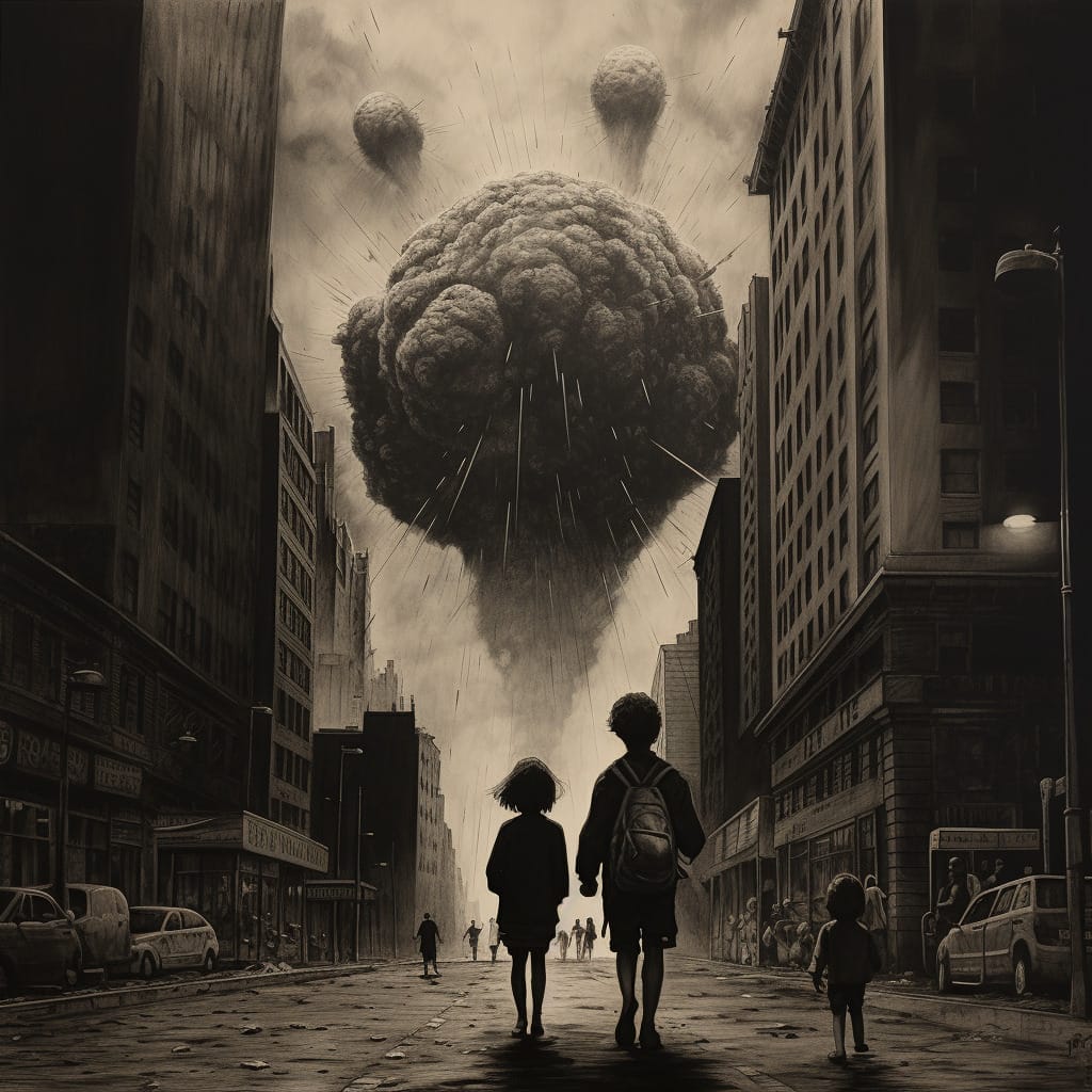 Children are walking on a street between skyscrapers. in the background an explosion can be seen. The image was generated with AI to illustrate the attacks in Israel and Ukraine.