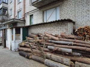 Stapel von Baumstämmen, die an einem Gebäude neben einem kleinen Schuppen gestapelt sind.