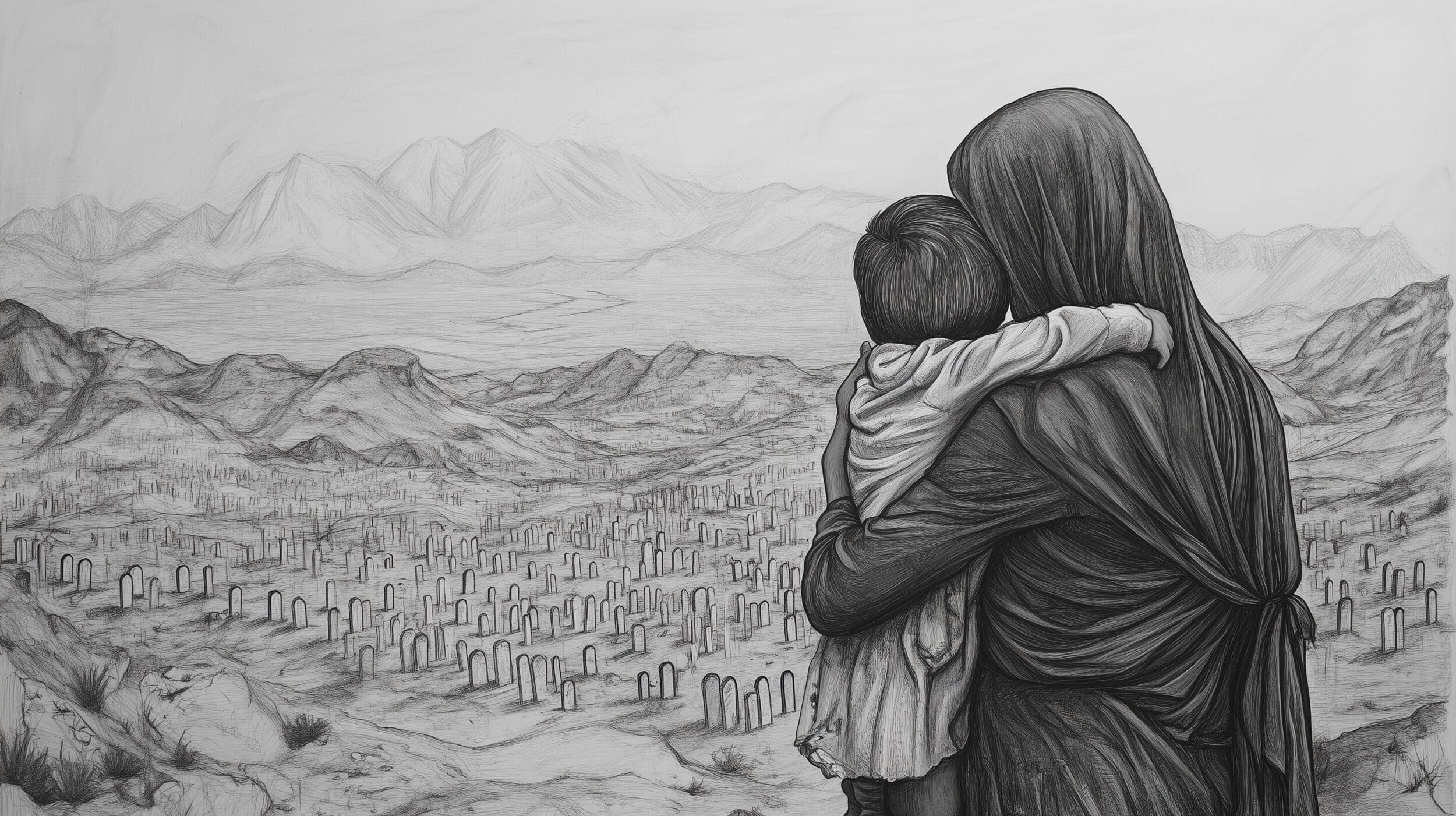 A woman with a headscarf holds a child in her arms and looks out over a vast landscape with numerous graves and mountains in the background. The scene is drawn in monochrome. 